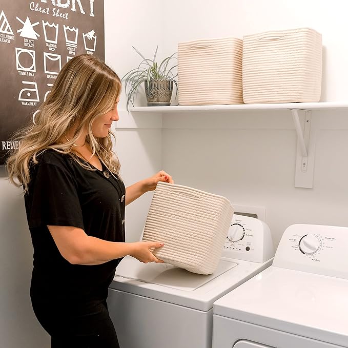 NaturalCozy Storage Cubes 11 Inch Cotton Rope Woven Baskets for Organizing, 3-Pack | Cube Storage Bin | Square Storage Baskets for Shelves Organizer, Classroom, Kids Toy Bins, Closet, Baby Nursery