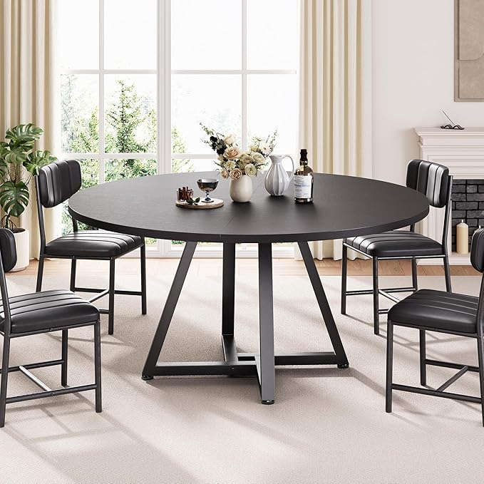 Round Kitchen Dining Room Table Circle Dining Dinner Table with Pedestal Metal Frame, Space Saving Wood Industrial Furniture for Small Space (Black, 47IN)
