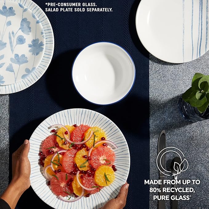 Corelle 18-Piece Dinnerware Set Service for 6, Lightweight Round Plates and Bowls Set, Vitrelle Triple Layer Glass, Chip Resistant, Microwave and Dishwasher Safe, Nautical Stripes