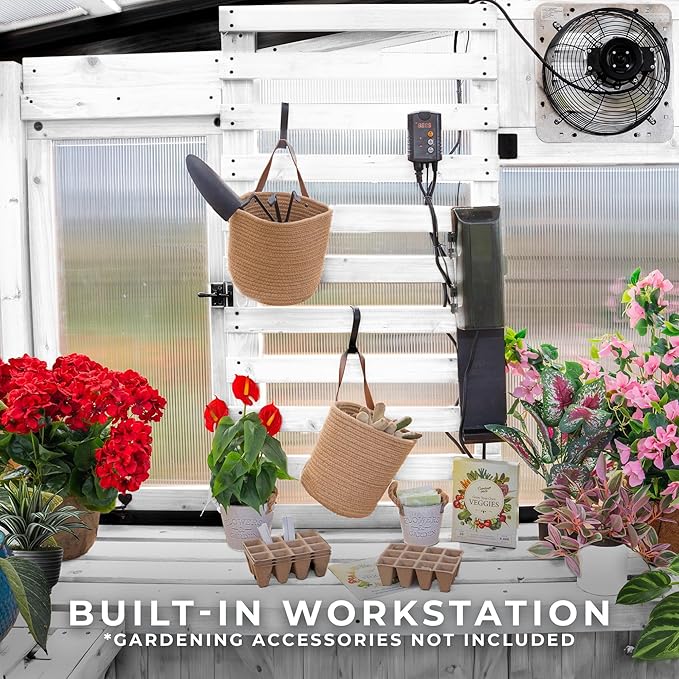 Backyard Discovery Willow 9' x 6' White Cedar Wood and Polycarbonate Walk-in Greenhouse Kit with Exhaust Fan, Windows, Hose Hook-Ups, PowerPort, Staging Shelves for Year-Round Outdoor Gardening