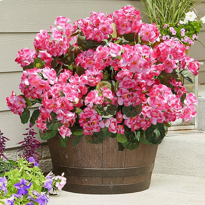 Artificial Geranium Fake Flowers for Outdoors Decoration, 6 Bundles Silk Geraniums Pink Flower UV Resistant Look Real Faux Plants for Front Door Garden Porch Planter Patio Balcony Yard Indoor Home