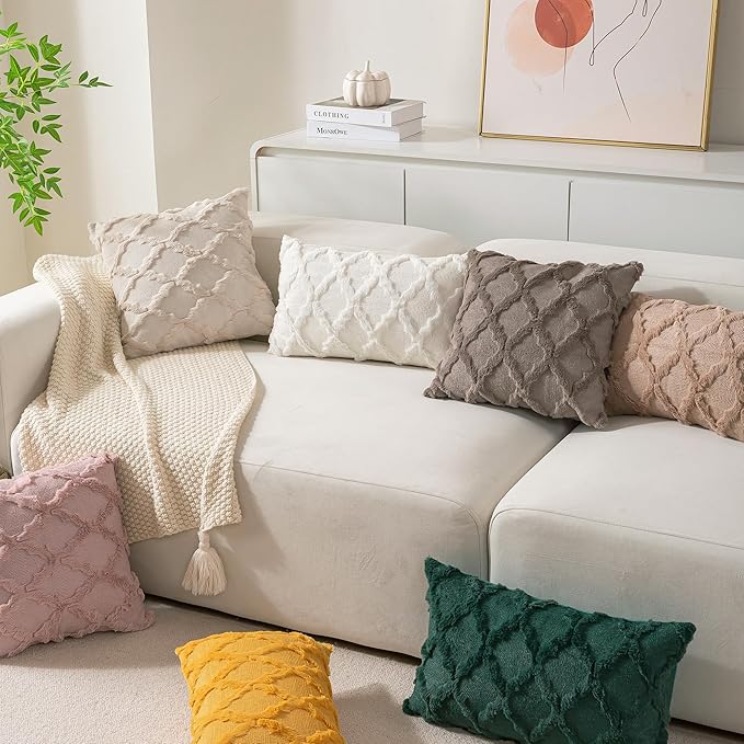 Set of 2 Soft Moroccan Throw Pillow Covers 22x22 Inch Plush Boho Decorative Pillow Cover Accent Cushion Case for Couch Sofa Bed, Beige