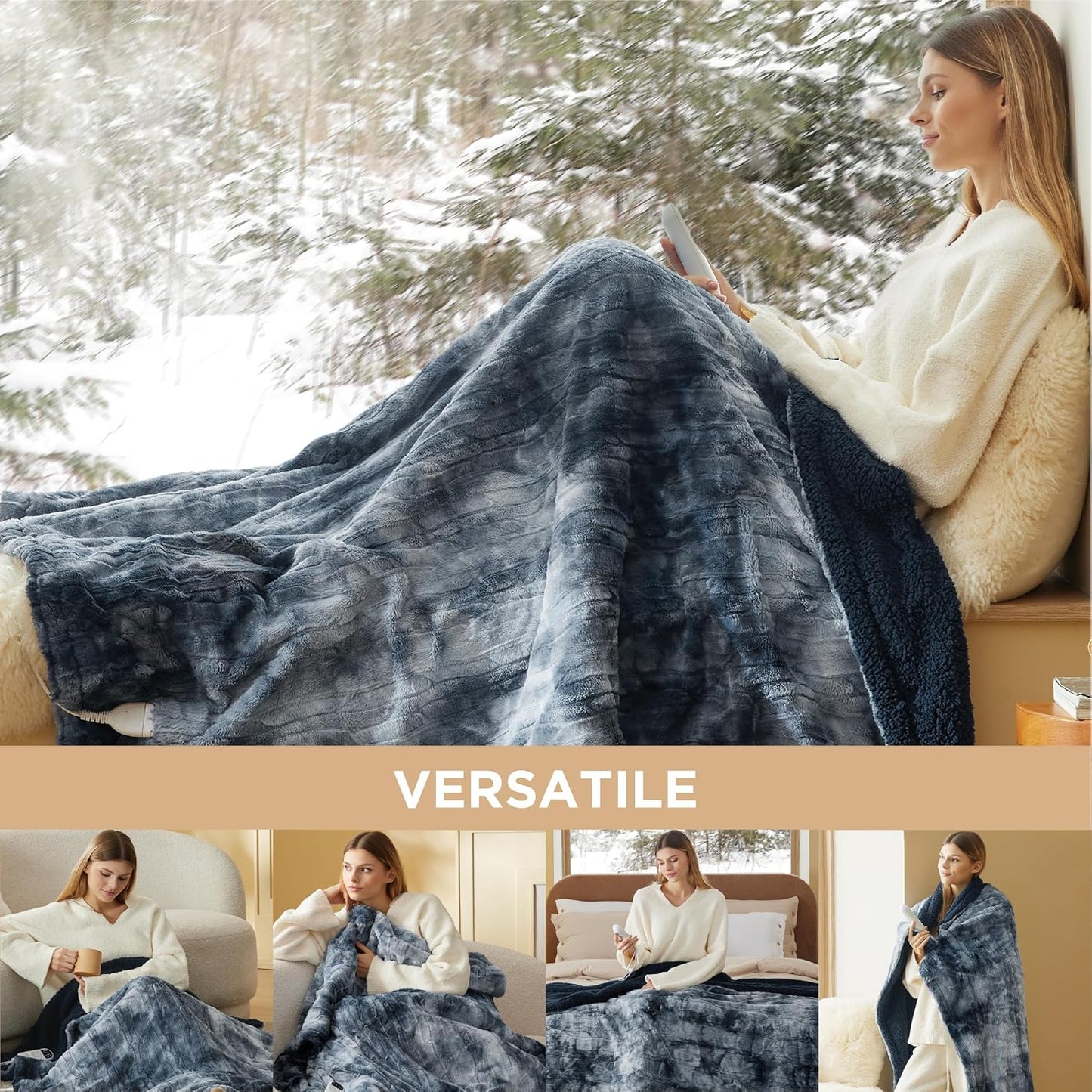 Bedsure Heated Blanket Electric Throw - Faux Fur Sherpa, Fast Heating Electric Blanket with 6 Heating Levels & 4 Time Settings, 3 Hours Auto-Off (50x60 inches, Navy)