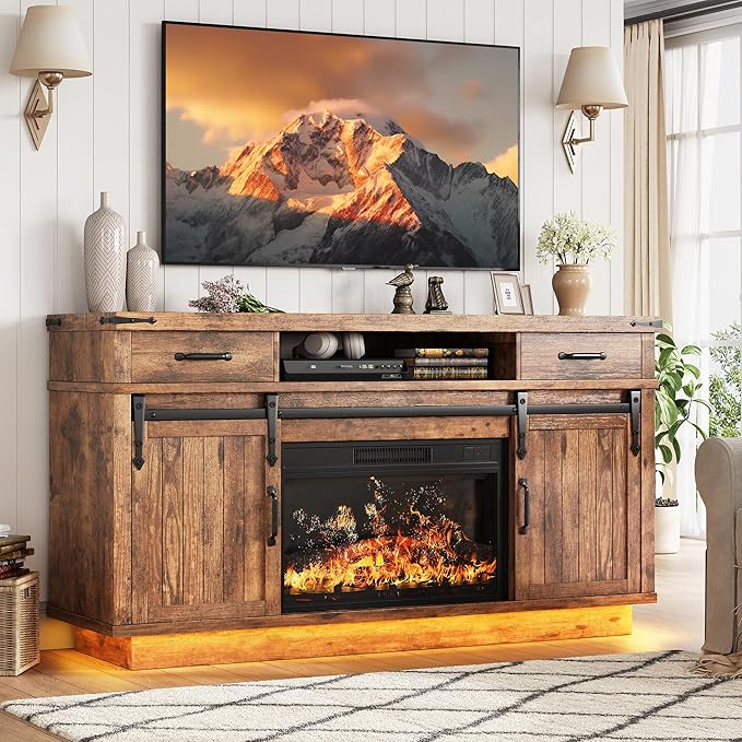 Fireplace TV Stand for TVs up to 65", Electric Fireplace with 3D Flame, Farmhouse LED Light Entertainment Center with Sliding Barn Door, Media Console with Storage Cabinets for Living Room (Brown)
