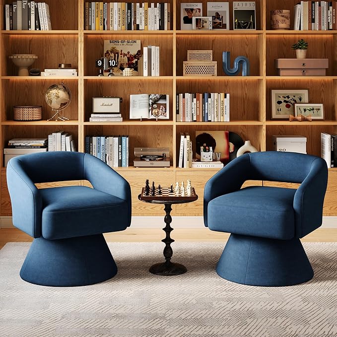 LINSY Swivel Accent Chair, Small Barrel Chair 360 Swivel Modern Armchair, Upholstered Reading Chair for Small Spaces Living Room, Vanity Chair for Bedroom, Blue