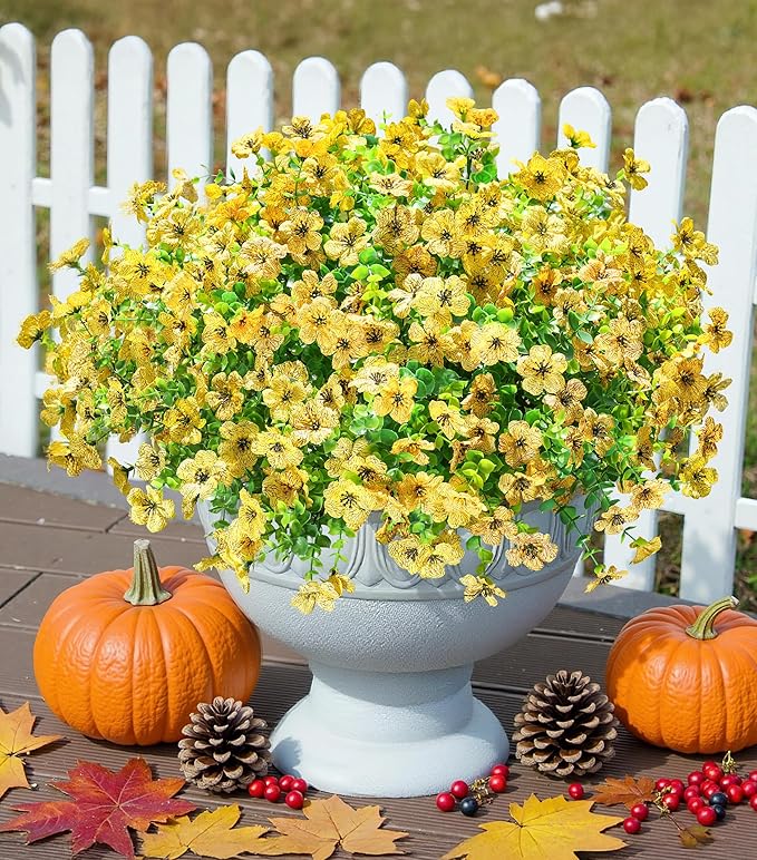 Artificial Fake Fall Yellow Mums Flowers Plants for Outdoor Outside, 12 Bundles Autumn Faux Silk Daisy UV Resistant Realistic for Porch Patio Home Window Box Yard Garden Planter