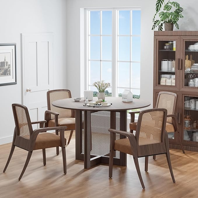 Casaphoria 46" Round Dining Table, Modern Kitchen Table for 4-6, Scratch-Resistant Top & Rattan Base, Farmhouse Dinner Table for Living Room, Kitchen, Bar, Easy Assembly, Walnut