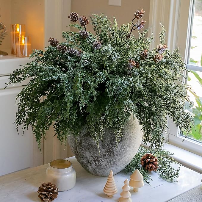 Faux Cedar Stems Artificial Norfolk Pine Branches for Christmas Decor, 12 PCS Fake Pine Stems with 2 PCS Pine Cones Branches Real Touch Realistic Faux Greenery for Vases DIY Garland Xmas Table Indoor