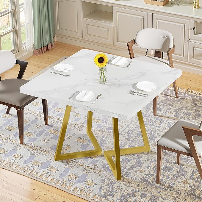 NicBex 31.5 Inch Square Dining Table for 4, Wooden Small Dinner Table Farmhouse Kitchen Tables with Metal Leg for Dining Room, Kitchen, Living Room, White & Gold