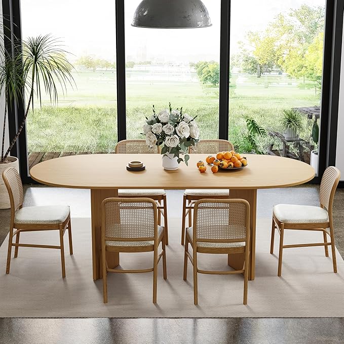 Casaphoria 67" Dining Table for 6, Wood Kitchen Table with Scratch-Resistant Top & V-Shaped Base, Modern Farmhouse Oval Dining Table for Living Room, Kitchen, Easy Assembly, Oak