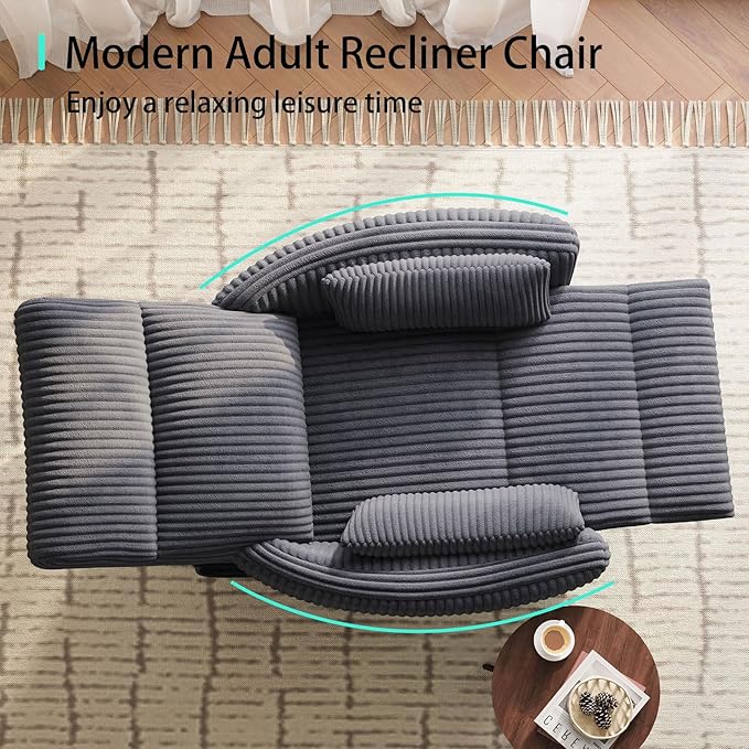 LINSY 360 Swivel Nursery Recliner - Corduroy Glider Rocking Chair with 2 Pillows, Comfy High Back Adult Recliner for Small Spaces, Nursery Bedroom Living Room Reclining Chairs, Grey