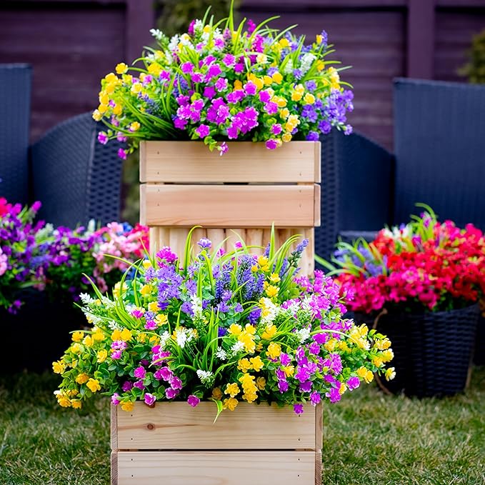 Artificial Flowers Outdoor Fake Plants - 12 Bundles UV Resistant Shrubs No Fade Faux Plastic Greenery Home Garden Porch Patio Decoration Indoor (1, Multi-12pcs)