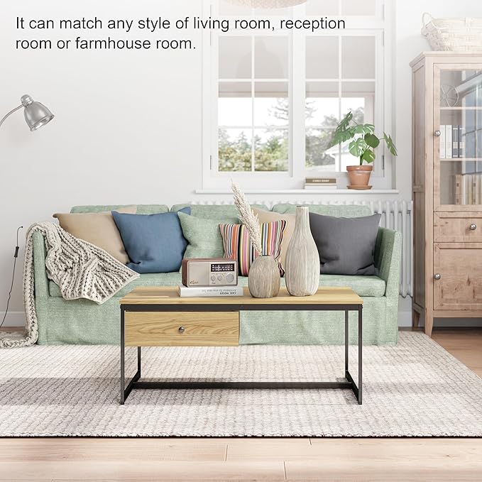 Manora Minimalist Coffee Table with Drawer, Modern Industrial Aesthetic Center Table for Living Room, Stylish Wood Modern Coffee Table with Storage, Light Brown