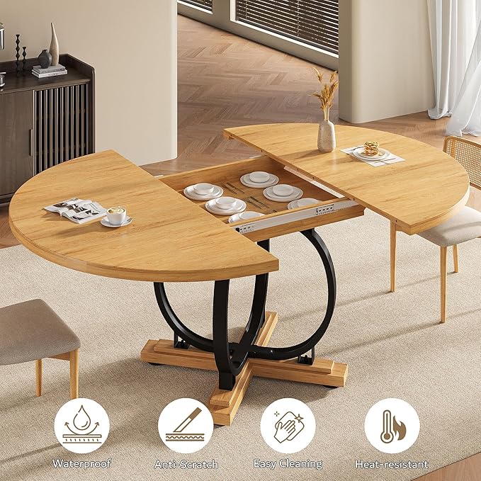 59" Round Extendable Dining Table for 4-6, Modern Oval Kitchen Table with Heavy Duty Curved Legs & Wood X-Based, MDF Board with Spring Buckle, Space Saving, Dining Kitchen Living Room, Oak