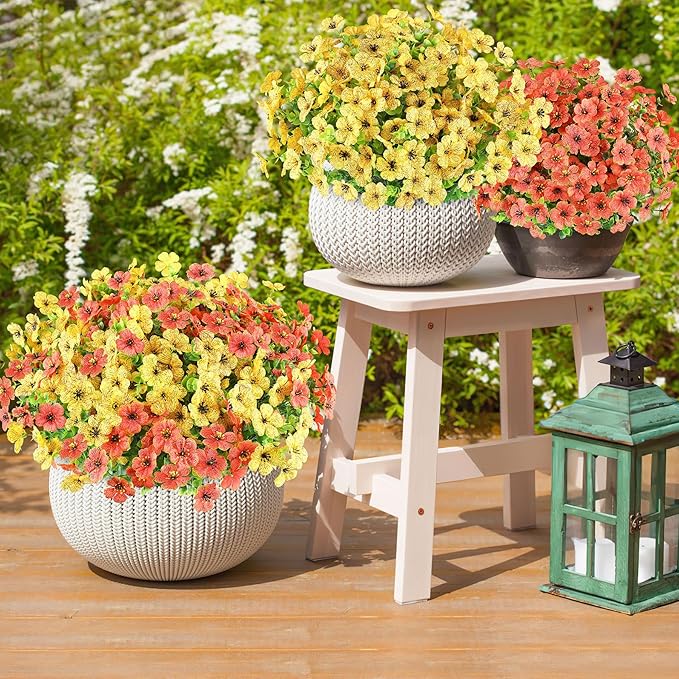 AmyHomie 16 Bundles Artificial Flowers for Outdoor Outside Summer Fall Decoration UV Resistant Faux Flowers No Fade Fake Plastic Plants Fake Mums Garden Porch Window Box Decorating