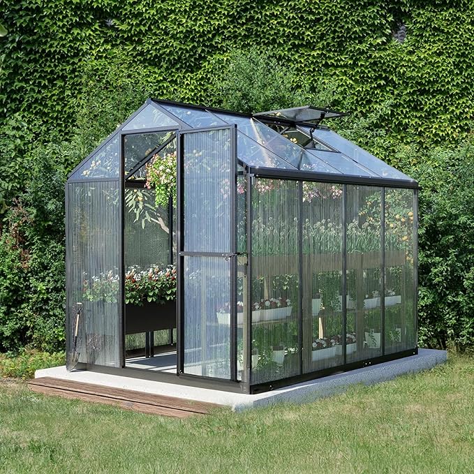 Aoodor 6 x 8 Ft Walk-in Greenhouse with Gutter, Polycarbonate and Heavy-Duty Aluminum Frame, Adjustment Skylight and Lockable 2-Sided Door for Patio, Outdoor, Yard, Lawn Use, Black