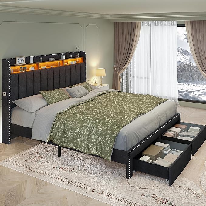Torana King LED Bed Frame with 2 Drawers, Linen Upholstered Storage Wingback Headboard Beds, Channel Tufted Platform Bedframe with Rivet Decor, No Box Spring Needed, Dark Grey