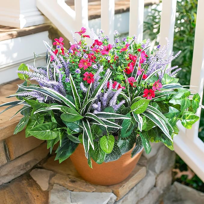 20PCS Artificial Plants for Outdoor Decor Realistic Faux Greenery & Flowers Fake Plastic Leaves with Stems UV Resistant Outside Bushes for Garden Patio and Porch