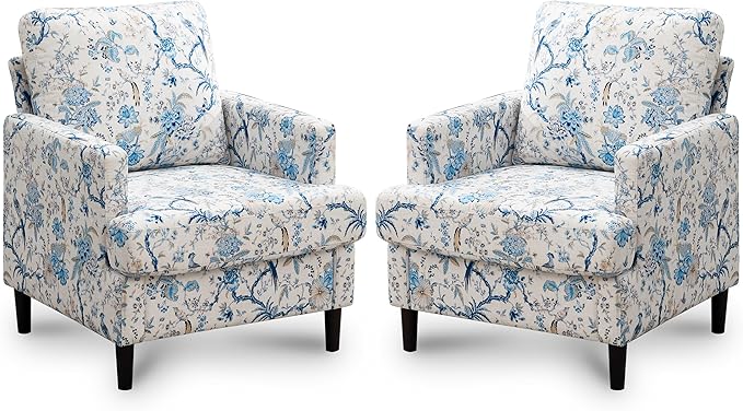Mid-Century Accent Chair,Modern Linen Fabric Armchair for Living Room,Comfy Upholstered Reading Accent Chairs for Bedroom,Single Sofa Chair with Wood Legs (Blue Flowered Bird, 2 Pack)