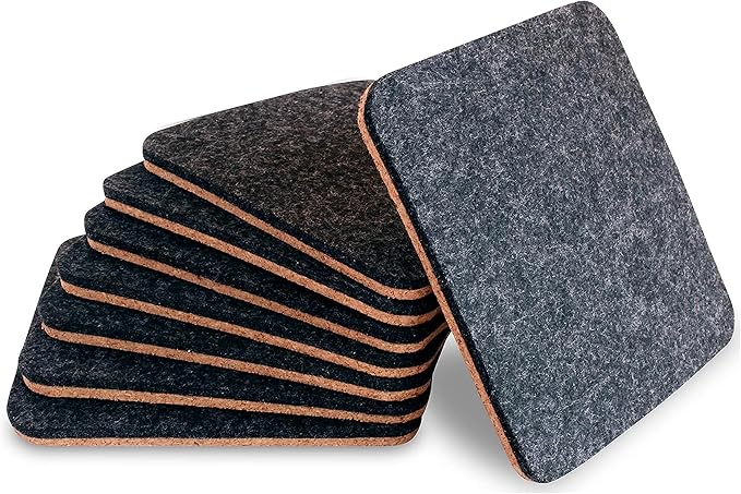 Barvivo Classic Felt Coasters for Drinks - Set of 8 Cork Coasters with Felt Side for Indoor and Outdoor Tabletop Protection, Anti Slip, Absorbent, Suitable for Drinks & All Table Types - Black Design