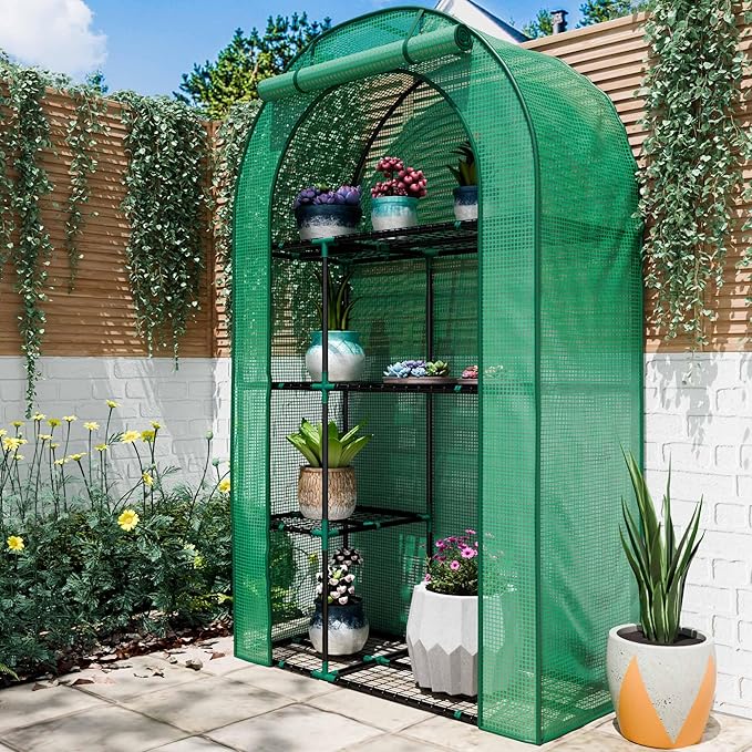 4-Tier Mini Greenhouse, 40 x 18 x 63 inch Steel Frame and PE Cover Plastic Plant Rack Stand Green House with Plant Repotting Mat for Indoor & Outdoor Use (Clear and Green)