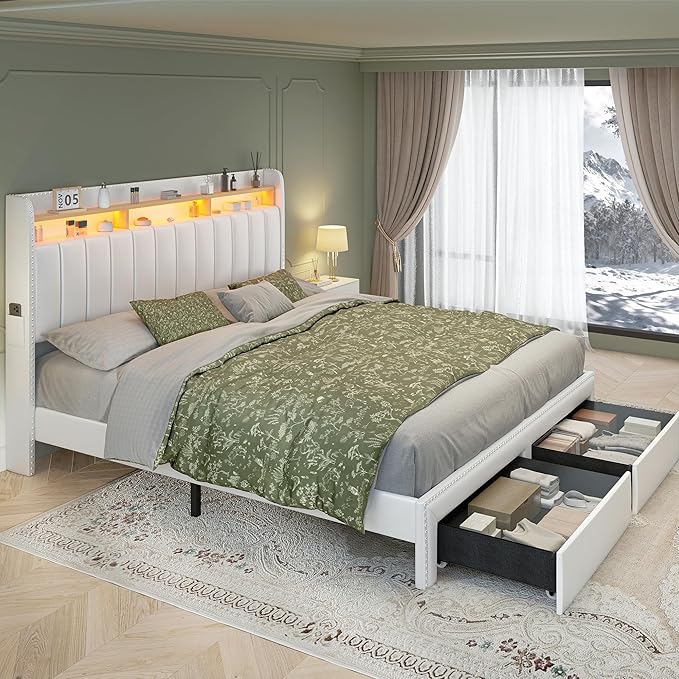 Torana Queen LED Bed Frame with 2 Drawers, PU Leather Upholstered Storage Wingback Headboard Beds, Channel Tufted Platform Bedframe with Rivet Decor, No Box Spring Needed, White