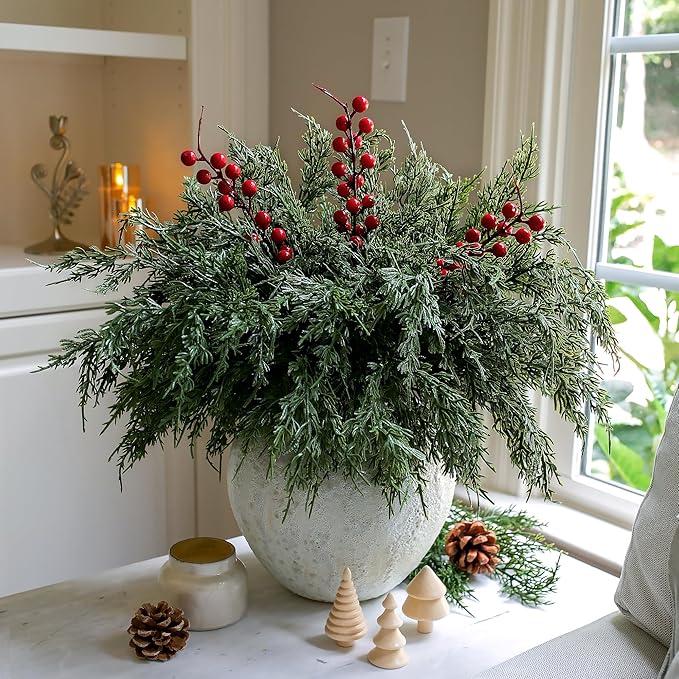 Cedar Stems Artificial Norfolk Pine Branches for Christmas Decor, 12 PCS Fake Pine Stems with 3 PCS Red Berries Branches Realistic Fake Plants Faux Greenery for Vases DIY Garland Xmas Table Indoor