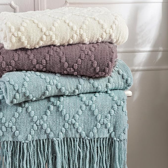 BOURINA Dark Lavender Throw Blanket 50 x70 Inches Jacquard Argyle Throw Textured Solid Soft Throws and Blankets for Sofa or Bed Knitted Decorative Blanket