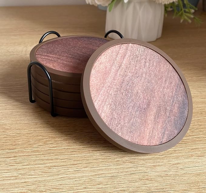 Absorbent Coasters for Drinks with Holder - 6packs, Silicone Coaster with Soft Felt Insert (4.3 inch Coasters with 4.5 inch Holder, Wooden Style)