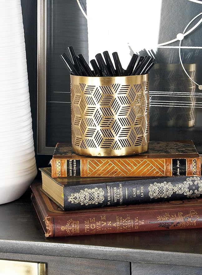 Deco 79 Metal Geometric Pencil Cup with Laser Carved Design, 4" x 4" x 4", Gold