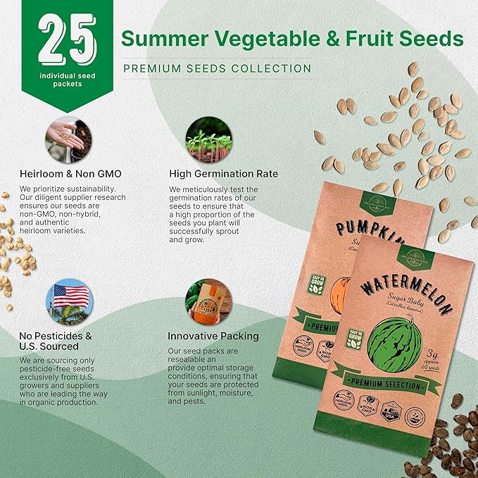 25 Summer Vegetable & Fruit Seeds Variety Pack - 1,870+ Non-GMO Heirloom Veggie & Fruits Seeds for Outdoors and Indoor Home Gardening, Including Collards, Tomato, Pepper, Okra, Onion, Bean, Cucumber