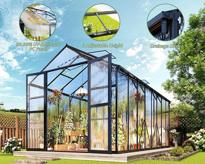 Jocisland 8x16x7.5 FT Polycarbonate Greenhouse with Quick Connectors, Outdoor Aluminum Greenhouses with Ventilation and Rain Gutter, Large Walk in Greenhouse for Backyard Garden, Black