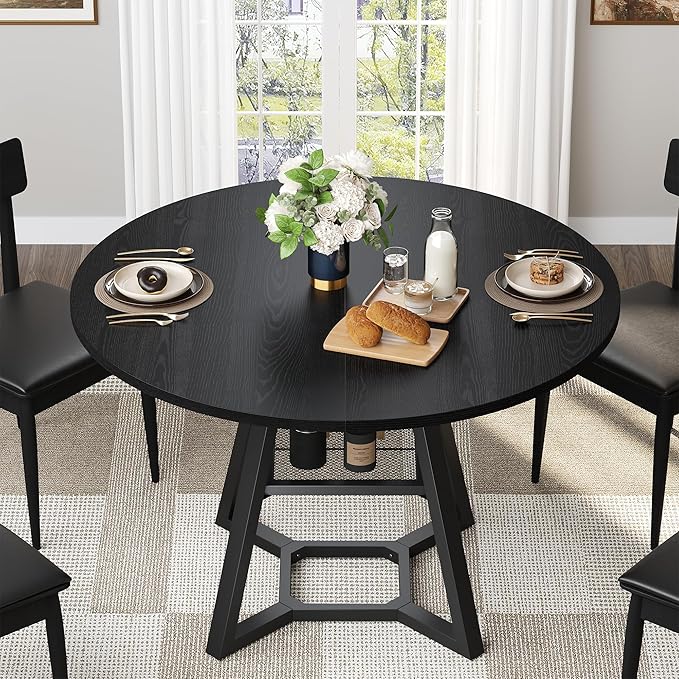 Round Dining Table for 4, Black Kitchen Tables Dining Room Circle Dinner Table with Pedestal Metal Frame, 47 Inch Space Saving Wood Industrial Kitchen & Dining Room Tables