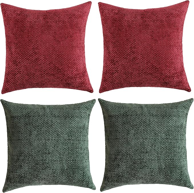 Stellhome 4 Packs Christmas Decorative Throw Pillow Covers Chenille Woven Textured Luxury Accent Cushion Cases for Living Room Couch Bed Sofa Farmhouse Boho Home, 16x16 inch, Hunter Green and Wine Red
