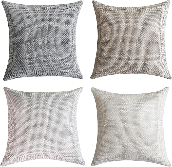 Stellhome Set of 4 Neutral Decorative Throw Pillow Covers Soft Chenille Woven Textured Luxury Accent Cushion Cases for Living Room Couch Bed Sofa Farmhouse Boho Home, 16x16 inch, Neutral