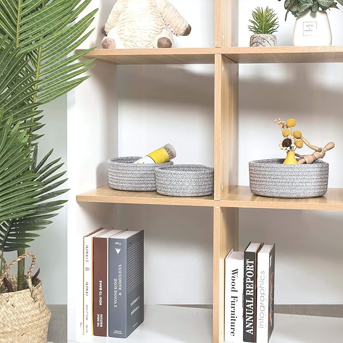 MINTWOOD Design Set of 3 Cotton Rope Nesting Bowls, Small Catch All Basket, Cute Closet Baskets and Bins for Shelves, Mini Table Basket Organizer for Small Accessories, Light Gray Mix