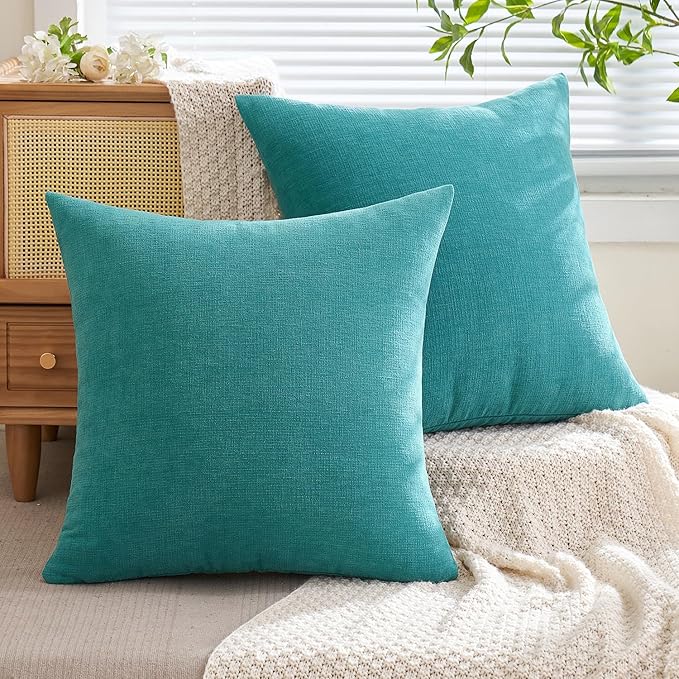 MIULEE Teal Couch Pillow Covers 20x20 Inch, Set of 2 Soft Chenille Decorative Square Throw Pillow Covers Farmhouse for Sofa Living Room Bed