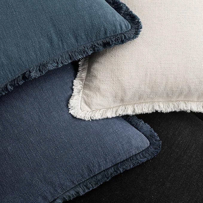 MIULEE Christmas Decorative Couch Pillow Covers Neutral Linen Fringe Throw Pillows Set of 4 Boho Farmhouse Cushion Modern Pillowcases for Bed Sofa Living Room Home Decor 18x18 Inch Beige/Coastal Blue