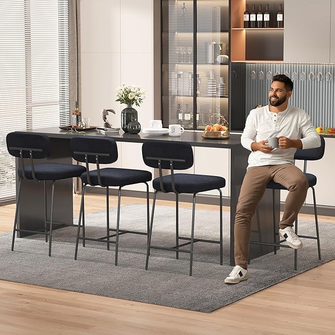 Counter Height Bar Stools Set of 4, 26" Fabric Kitchen Bar Stools with Back, Counter Barstools with Metal Legs, Bar Chairs for Kitchen Island, Black
