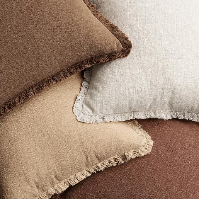 MIULEE Fall Decorative Couch Pillow Covers Neutral Linen Fringe Throw Pillows Set of 4 Accent Rustic Cushions Boho Farmhouse Pillowcases for Bed Sofa Living Room Home Decor 18x18 Inch Beige/Brown