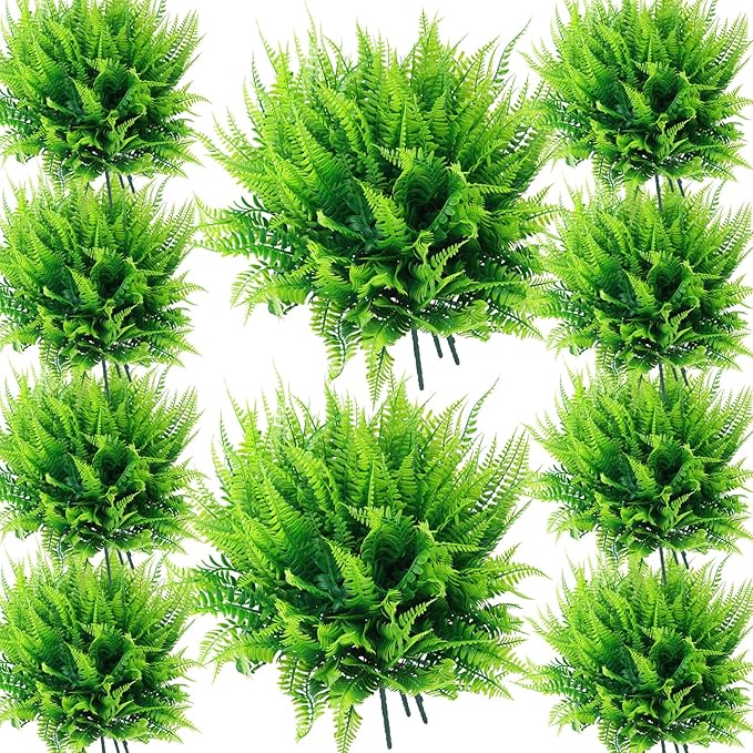 summer flower 10pack Fake Fern Plants Faux Boston Ferns UV Resistant Greenery for Outdoor Front Porch Filler Garden Party Artificial Ferns Stems for Indoor Home Hanging Planter Window Box Decorations
