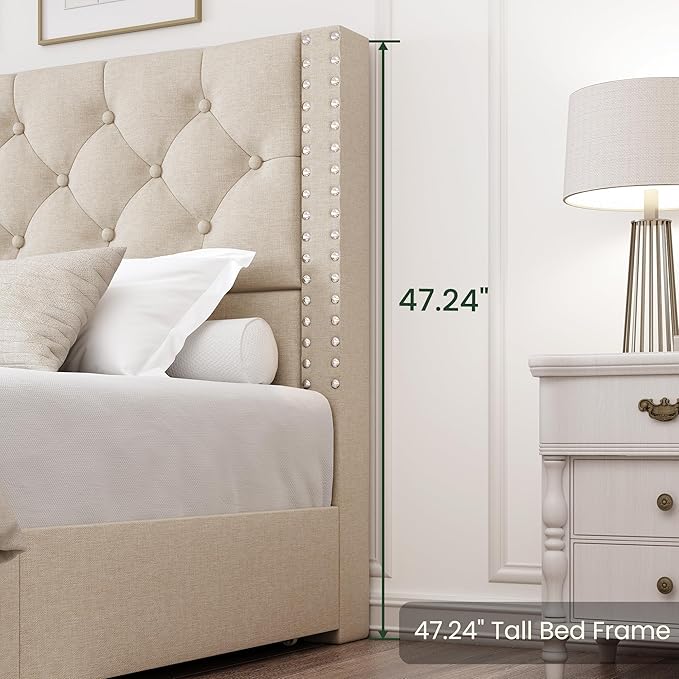 LARMACE Queen Size Bed Frame with 4 Storage Drawers and Tufted Headboard Linen Upholstered Platform Bed Frame with Heavy Duty Wood Slats, No Box Spring Needed, Easy Assembly, Beige