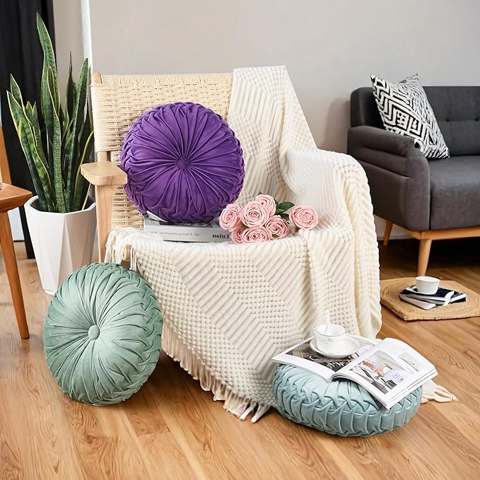 HIG Set of 2 Decorative Round Pleated Throw Pillows, Classy Accent Pumpkin Throw Pillows with Center Button, Vintage Velvet Floor Pillows for Sofa Vanity Chair Bed, Sage, 14.5" Diameter(Ripple)