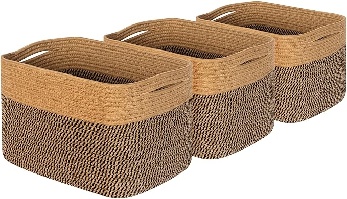 MINTWOOD Design 3-Pack Storage Baskets for Shelves, Decorative Baskets for Organizing, Woven Baskets for Storage, Book Basket Cube Storage Bin Box, Pantry Closet and Shoe Organizers, Black Jute