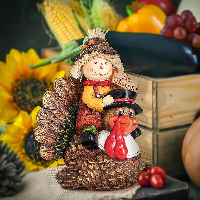Thanksgiving Turkey Statue and Fall Scarecrow for Home Deocr, Turkey and Scarecrow Figurines Indoor Decorations Thanksgiving Autumn Harvest Gift Table Centerpieces
