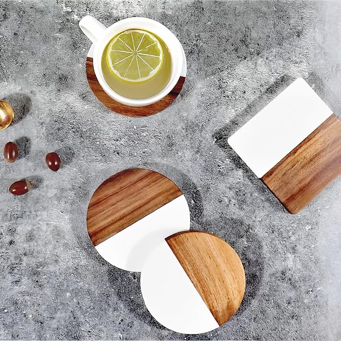 I-LAN 8Packs Round Natural Wood and Marbel Style Drink Coasters for Coffee Wooden Table, Drink Bar Coaster Set/Tea Table Coasters for Living Room,Beer Cans,Bar Glasses,4 x 4 Inch