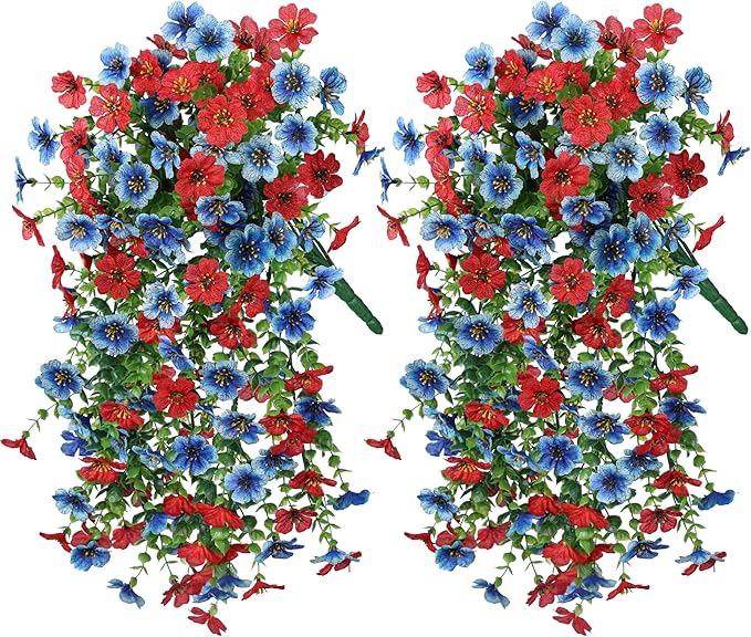 INSPRING Artificial Faux Hanging Flowers Plants for Spring Outdoor Outside Decoration, 2 PCS Fake Silk Daisy with Eucalyptus UV Resistant Realistic Trailing Vines for Balcony Patio Porch (BlueRed)