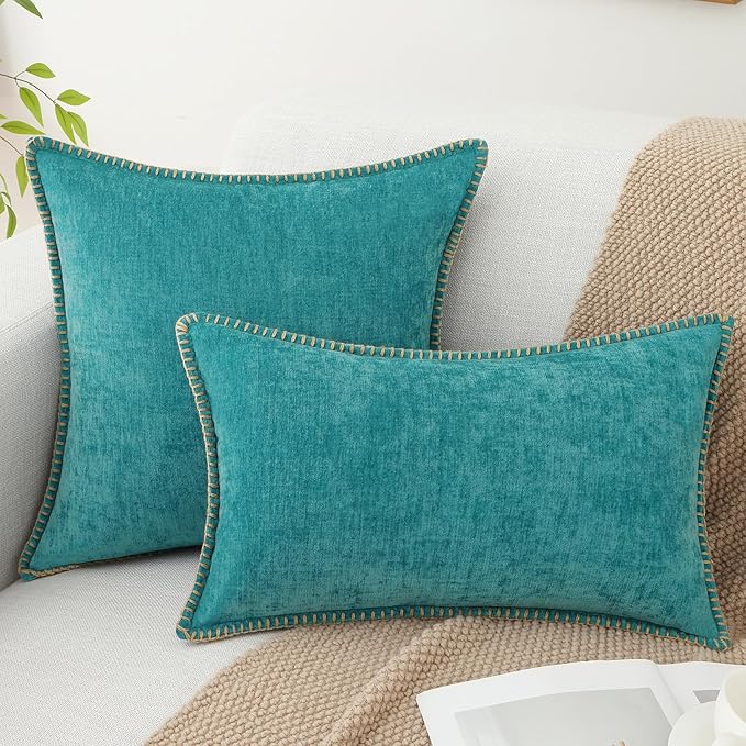 decorUhome Chenille Soft Throw Pillow Covers 20x20 Set of 2, Farmhouse Velvet Neutral Decorative Euro Pillow Covers with Stitched Edge for Couch Sofa Bed Home Decor, Turquoise