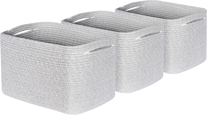 MINTWOOD Design 3-Pack Decorative Woven Storage Baskets for Shelves, Cube Bin Box for Organizing Books, Shoes, Dog Toys, Pantry Closet and Living Room Organizer, Light Gray Mix