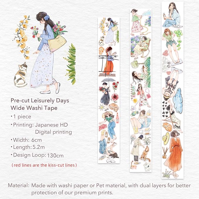 WT Pre-Cut Leisurely Days Washi Tape Roll, Original Designs, Decorative for Bible Journaling, Bullet Journals, Scrapbooks, Planners & DIY Craft Supplies